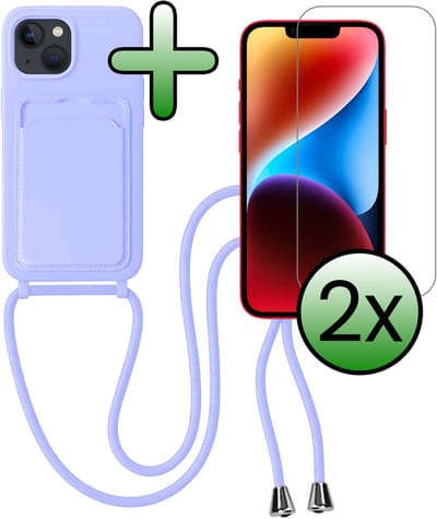 Hoes Geschikt voor iPhone 13 Hoesje Pas Houder Case Hoes Met Koord Met 2x Screenprotector - Hoesje Geschikt voor iPhone 13 Hoes Met Telefoonkoord Pasjeshouder Cover - Lila