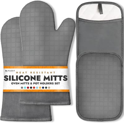 2-in-1 Siliconen Ovenwanten en Pottenhouders Set - 4-delige Kookhandschoenen met Antislip Grip en Hittebestendigheid in Grijs