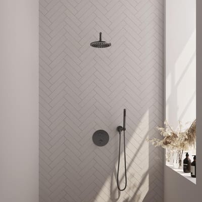 Brauer Gunmetal Carving thermostatische inbouw regendouche 3-weg rond SET 75 met 20 cm douchekop en gebogen muurarm en staaf handdouche en doucheslang en wandaansluitbocht gunmetal geborsteld PVD