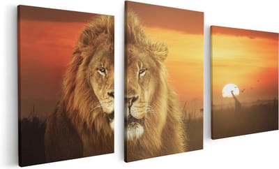 Artaza Canvas Schilderij Drieluik Leeuw In De Savanne - Zonsondergang - 120x60 - Foto Op Canvas - Canvas Print