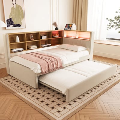 MODFU Slaapbank 90x200 cm – Flanel beige – Met uitschuifbed (90x190 cm), LED & USB-C – Veel opbergruimte