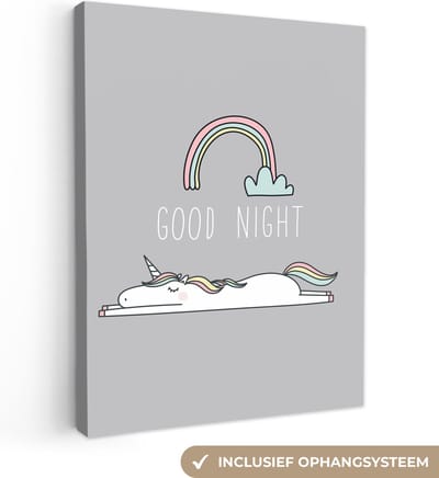 Canvas schilderij unicorn - Quotes - Good night - Eenhoorn - Tekst - Regenboog - Spreuken - Wanddecoratie meisjes - Kinderkamer decoratie - 30x40 cm