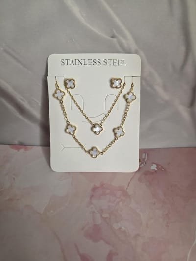 EHH Beauty- witte Klaver Sieraden set – Ketting, Armband & Oorbellen –9mm - Goudkleurig – Gelukssymbool – Cadeau voor Vrouwen