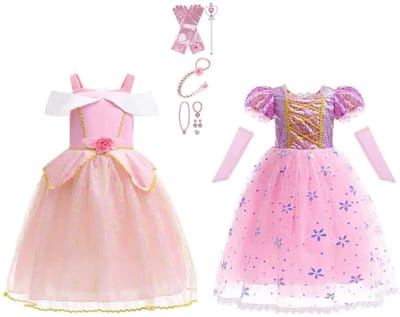 Prinsessen verkleedset – Voordeelpakket met 2 jurken en accessoires - verkleedkleding - maat 92/98