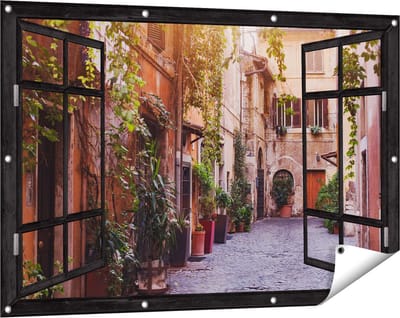 Gards Tuinposter Doorkijk Straatje in Rome met Groene Planten - 120x80 cm - Tuindoek - Tuindecoratie - Wanddecoratie buiten - Tuinschilderij