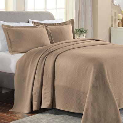 solitaire katoenen 3-delige bedsprei-set, woonkamerdecoratie, gedetailleerd en geweven, 2 kussenslopen, luchtige deken, gewatteerde bedsprei, 4 seizoenen, accent, king, taupe