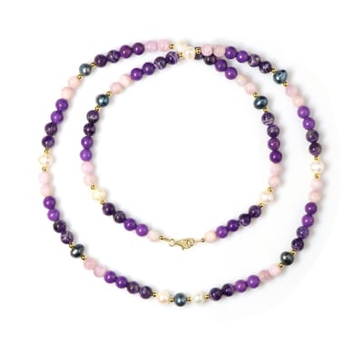 Cavill - Elegante Halsketting 80 cm - 925 Sterling Zilver deels 18K Goud Verguld - Amethist & Kunziet Edelsteenkralen 222,87 ct - Dames Sieraden