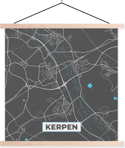 Posterhanger incl. Poster 60x60 cm - Schoolplaat - Duitsland – Blauw – Kerpen – Stadskaart – Kaart – Plattegrond - Textielposter - Blanke latten - Stadskaart