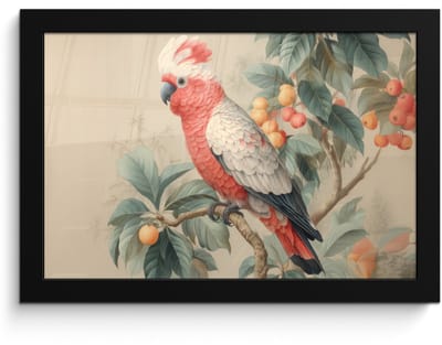 Poster in lijst - Fotolijst 30x20 cm - Posters - Roze kuifkaketoe - Tak met vruchten - Bladeren - Posterlijst zwart - Decoratie - Wanddecoratie woonkamer - Muurdecoratie slaapkamer