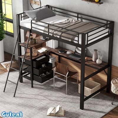 Gutent Hoogslaper - ijzeren bed - drie laden - met 2 m tafel - ijzer + spaanplaat-Zwart + Donker Notenhout - 90x200cm - Zonder matras