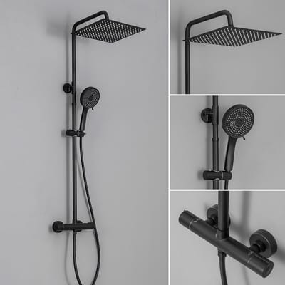 DERW Max Regendouche met Thermostaatkraan - Doucheset Zwart - Regendoucheset - Inclusief thermostaatkraan en planchet Zwart - 12 inch Douchekop
