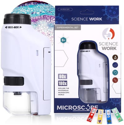 Mini-microscoop - Draagbare microscoop voor kinderen - Handheld mini - 60x-180x LED-verlichte zakmicroscoop - Met 4 objectglaasjes - Ideaal voor praktische verkenning door studenten - Wit