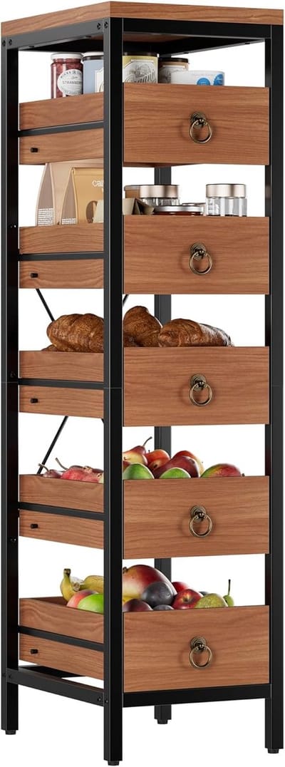 Smal Keukenrek met Uitschuifbare Lades - 5 Niveaus - Industrieel Opbergrek voor Keuken, Woonkamer & Badkamer - 30 x 40 x 114 cm - Hout/Metaal