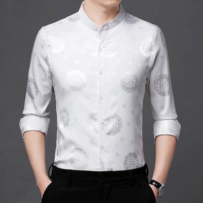 Nieuw overhemd met opstaande kraag voor heren, lange mouwen, casual, dun, voor middelbare en oudere leeftijd, Tangzhuang in retrostijl XXXXL