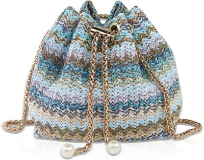 Mini-schoudertas voor dames van gevlochten stro, trendy handtas met kleurverloop en trekkoord, perfecte tas voor dagelijks gebruik