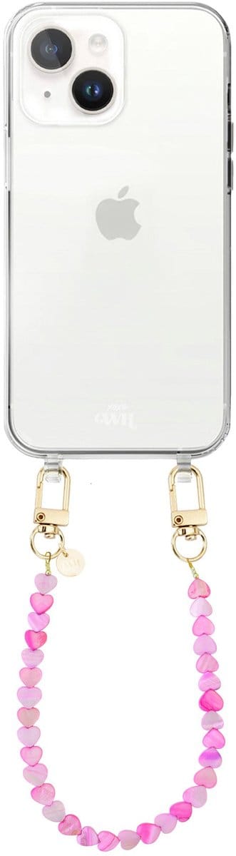 xoxo Wildhearts siliconen hoesje - Geschikt voor iPhone 15 Plus hoesje - Shell Hearts (short) - Telefoonhoesje - Hoesje met koord - gekleurde hartjes - Kort koord - Transparant hoesje met telefoonkoord - Roze & Paars