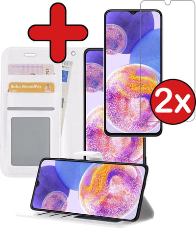 Hoesje - Met 2x Screenprotector - Geschikt voor Samsung Galaxy A23 - Luxe Pasjeshouder - Flip Case - Bookcase Portemonee - Kunstleer Book Case - Flipcase Hoes - Book Cover - Walletcase - Portemonneehoes - Telefoonhoes - Wit