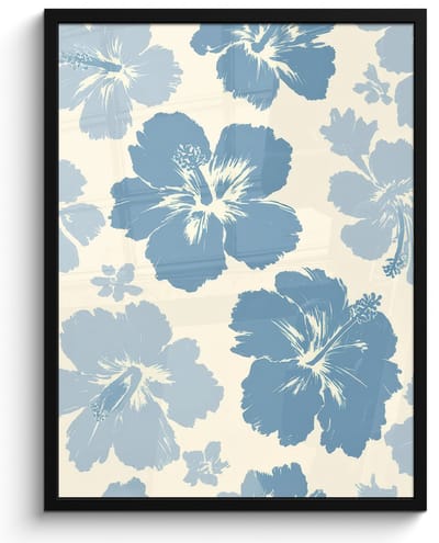 Poster in lijst - Fotolijst 50x70 cm - Posters - Hibiscusbloemen - Blauw - Patroon - Tropisch - Posterlijst zwart - Decoratie - Wanddecoratie woonkamer - Muurdecoratie slaapkamer