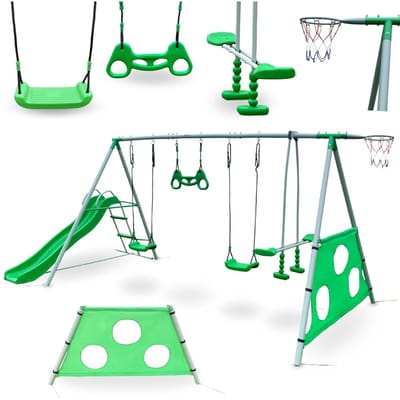 HyperMotion tuinspeeltuin voor kinderen vanaf 3 jaar, grote kinderspeelset XXXL: schommels, glijbaan, gymnastiektrapeze, basketbal- en voetbaldoel, groen