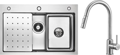 CECIPA max 70x45 Spoelbakken met Keukenkraan Met Uittrekbare Uitloop - Spoelbak Keuken - Enkele spoelbak Met Snijplank Met Verplaatsbare Gootsteen