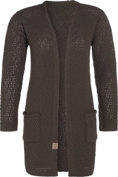 Knit Factory Luna Gebreid Vest Taupe - Gebreide dames cardigan - Middellang vest reikend tot boven de knie - Bruin damesvest gemaakt uit 30% wol en 70% acryl - 36/38 - Met steekzakken