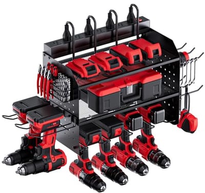 Power Tool Organizer met Oplaadstation - 3 Laags, 8 Stopcontacten, Accuboormachine Stand, 2 Zijpanelen, 6 Borenhouders, 4 Haken en 1 Plank