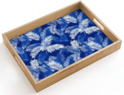 Dienblad hout 40x30 cm - Schootdienblad - Palmblad - Patroon - Blauw - Borrelplank rechthoek - Plateau dienbladen