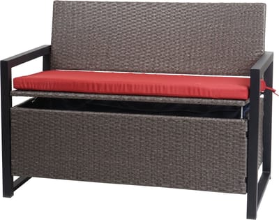 Poly-rattan 2-zitsbank MCW-F39, tuinbank kistbank, opbergvak opbergkussens zitting ~ grijs-gemêleerd, kussens rood