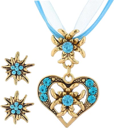 Set van 3 Beierse kostuumjuwelen, met een ketting en edelweiss hart hanger, oorbellen met strass voor feestkleding en accessoires voor bierfeesten