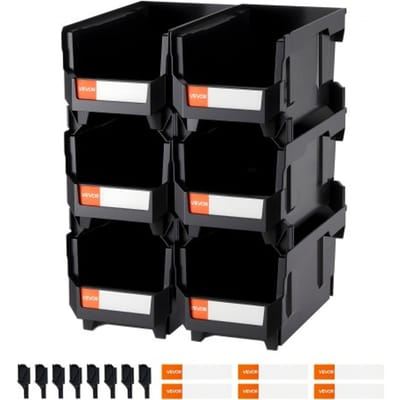 VEVOR stapeldozen, 377 x 215 x 180 mm (6-pack), opbergdozen, opbergdozen met open voorkant, voor het organiseren en opbergen van kleine onderdelen, kantoorbenodigdheden en andere accessoires, zwart