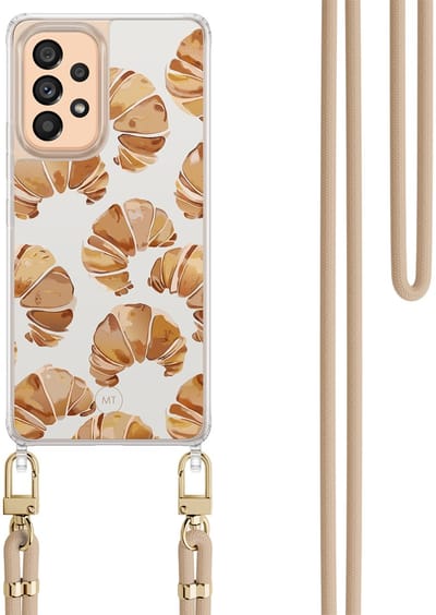 Hoesje met koord geschikt voor Samsung Galaxy A52 5G - Croissant - Inclusief Beige koord - Crossbody beschermhoes - Transparant, Bruin - Mooie Telefoonhoesjes