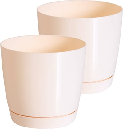 Prosperplast Plantenpot/bloempot met opvangschaal - Set van 2x stuks - kunststof - beige - D14 x H13 cm - binnen/buiten