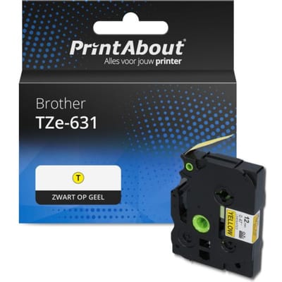 PrintAbout huismerk Tape TZe-631 Zwart op geel (12 mm) Geschikt voor Brother