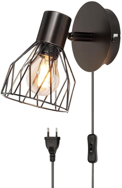 DailySupplies® Wandlamp Binnen met Snoer - Wandlamp met Stekker voor Binnen - met Dimbare Schakelaar - Industrieel en Vintage - Slaapkamer Bedlampje - Zwart
