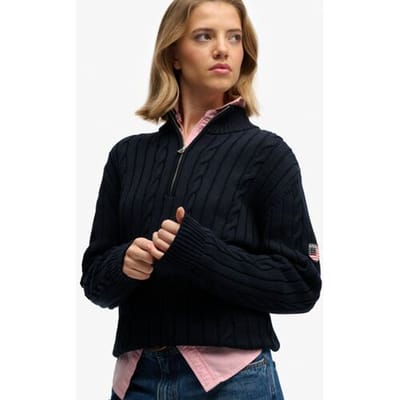 Superdry Slouchy Cable Halve Rits Trui Blauw Grootte: 34