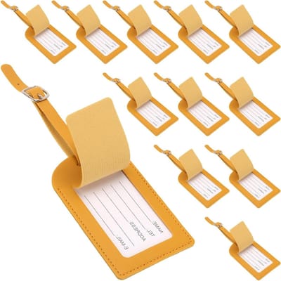 12 stuks kunstlederen bagagelabels met beschrijfbare ID-kaart, verstelbare riem, geel, ideaal voor reizen en organisatie