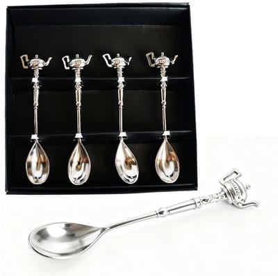 Decopatent - 4x Koffiepot Koffielepels / Theelepels Zilver - RVS Koffie & Thee Lepeltjes met Koffiepot - Zilver kleurig