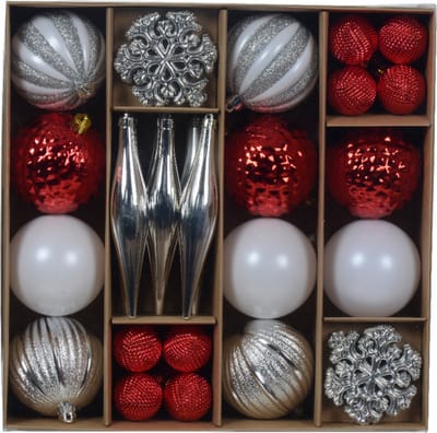 Decoris Kerstballen en ornamenten set -46-delig - rood/wit/zilver -kunststof - kerst - kerstversiering