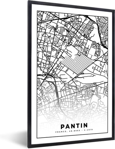 Fotolijst incl. Poster Zwart Wit- Stadskaart - Plattegrond - Pantin - Kaart - Frankrijk - Zwart wit - 40x60 cm - Posterlijst