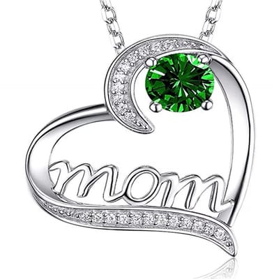 Lumici® | Mama Ketting v3 - ''Crystal Mom'' - Ketting Voor Moeder - Mom Necklace - Hartjes Ketting - Cadeau Voor Vrouwen - Moederdag Cadeau - Dames Ketting - Collier - Valentijn - Liefde - Zilver - Groen Steentje