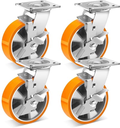 Zwaarlastwielen 6 inch met Rem - Industriële Zwenkwielen Set van 4 - Polyurethaan met Aluminium Kern
