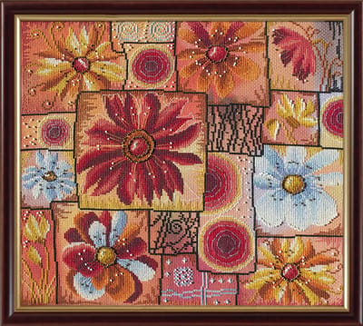 Borduurpakket Nova Sloboda - Flower Mosaic - Bloemen Mosaiek (bedrukte achtergrond) 14 count