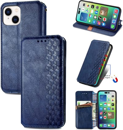 Luxe PU Lederen Ruitpatroon Wallet Case + Screenprotector voor iPhone 14 _ Blauw