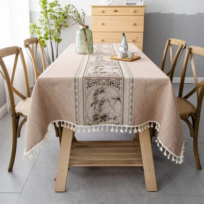 Rechthoekig tafelkleed van katoen en linnen, afwasbaar, design kwastjes, tuintafelkleed voor salontafel, decoratie, bruin, 140 x 300 cm