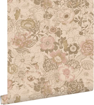 ESTAhome behang vintage bloemen lichtbruin en oudroze - 50 x 900 cm - 139764