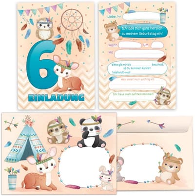 12 Uitnodigingen 6e Verjaardag Kinderfeestje Dieren Uil Hart & Hinde Kaartjes met Enveloppen