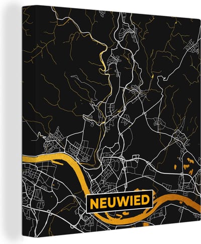Canvas Schilderij Duitsland – Black and Gold – Neuwied – Stadskaart – Kaart – Plattegrond - 20x20 cm - Wanddecoratie