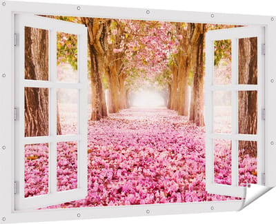 Gards Tuinposter Doorkijk Romantische Bomen Tunnel met Roze Anjers - 180x120 cm - Tuindoek - Tuindecoratie - Wanddecoratie buiten - Tuinschilderij