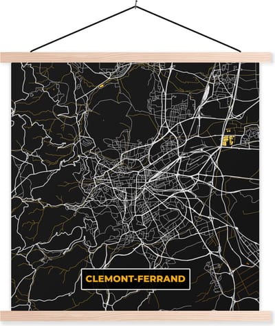 Posterhanger incl. Poster 40x40 cm - Schoolplaat - Clemont-Ferrand – Plattegrond – Frankrijk – Kaart – Stadskaart - Textielposter - Blanke latten - Stadskaart