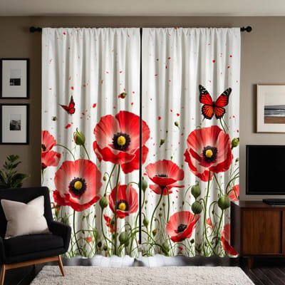 Ensemble de 2 pièces Rideau décoratif fleur papillon rose HD Rideau imprimé numérique à nouer rouge Décoration style Décoration salon W52H63inchW132H160cm white